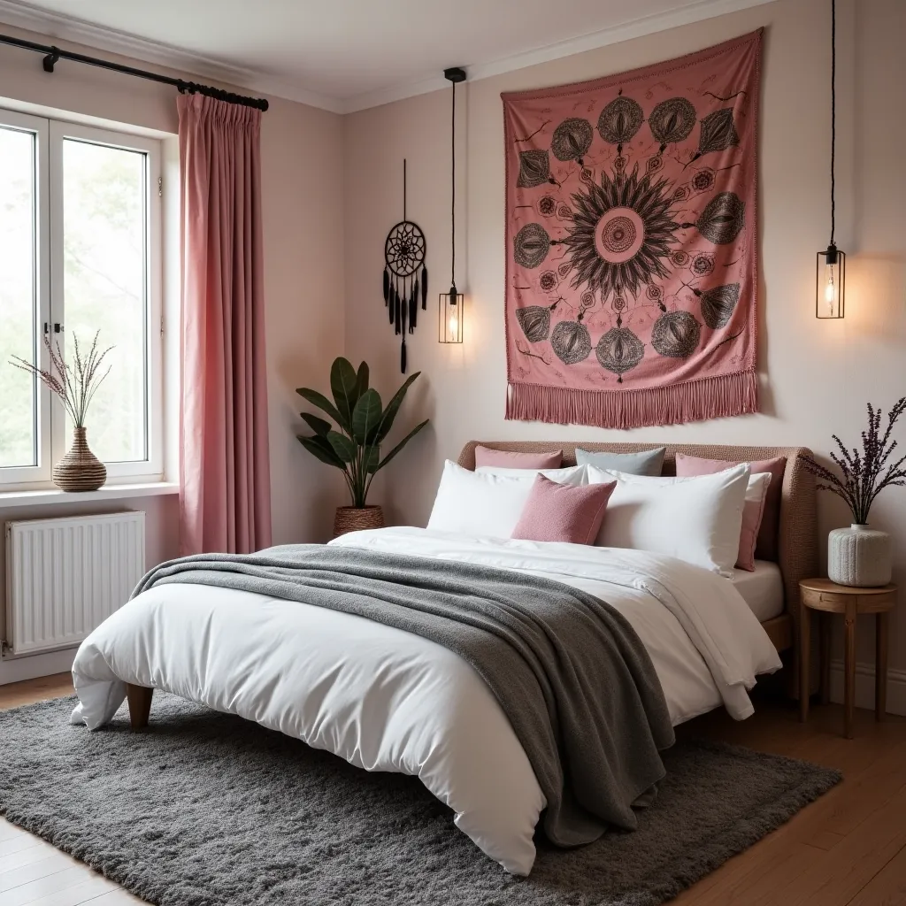 Cozy bedroom featuring a stylish combination of pink, grey, and black decor elements, including a pink tapestry, grey rug, and black pendant lights, perfect for inspiring pink grey and black bedroom ideas.