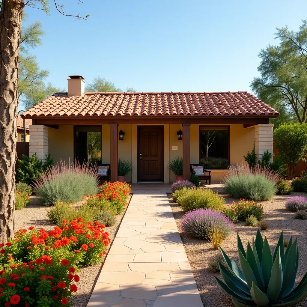 Charming desert house exterior featuring a terracotta roof, surrounded by vibrant desert landscaping with colorful flowers and succulents, offering inspiring desert house exterior ideas for a warm and inviting home design.
