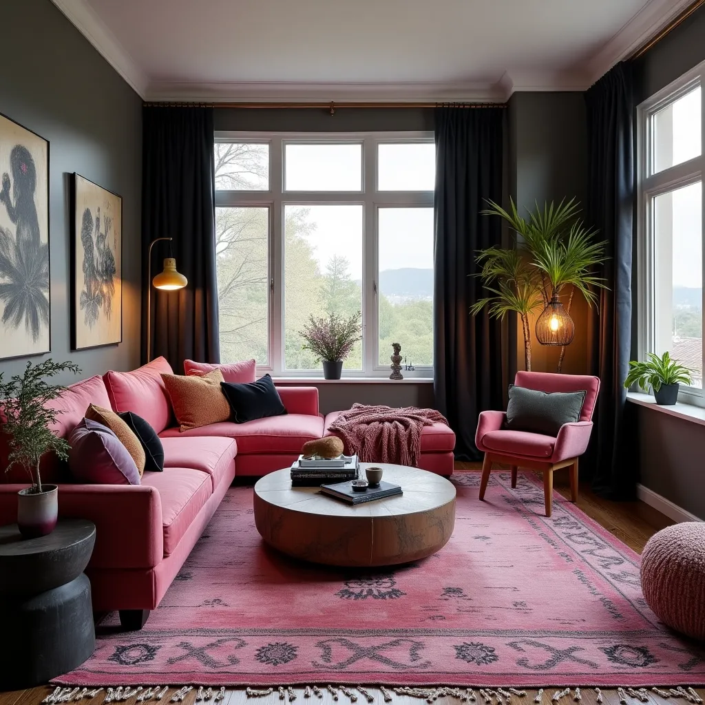 Stylish black and pink living room ideas featuring a cozy pink sectional sofa, black curtains, and a matching pink armchair. The room is accented with a round wooden coffee table, lush green plants, and elegant wall art, creating a harmonious blend of modern and chic design elements.