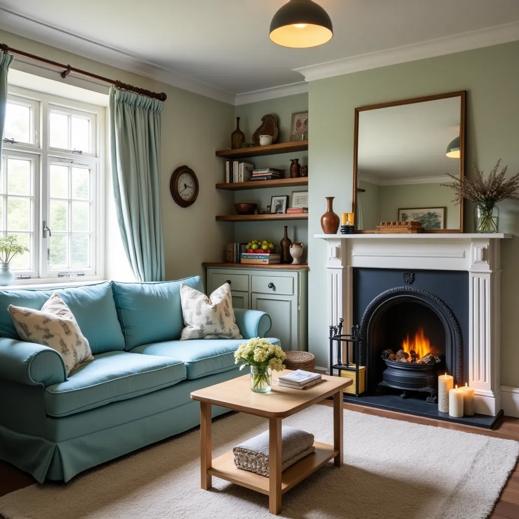 Cozy living room featuring a sky blue couch, complemented by elegant throw pillows and a warm fireplace, offering stylish sky blue couch ideas for a serene and inviting home atmosphere.