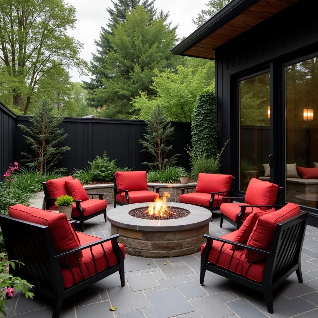 Outdoor patio featuring a stylish red and black room design idea with vibrant red cushioned chairs surrounding a modern fire pit, set against a sleek black fence and lush greenery, perfect for contemporary home design inspiration.