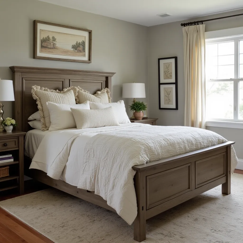 Cozy gray and beige bedroom featuring a wooden bed frame with plush white bedding, complemented by matching nightstands and elegant table lamps, creating a serene and inviting atmosphere.