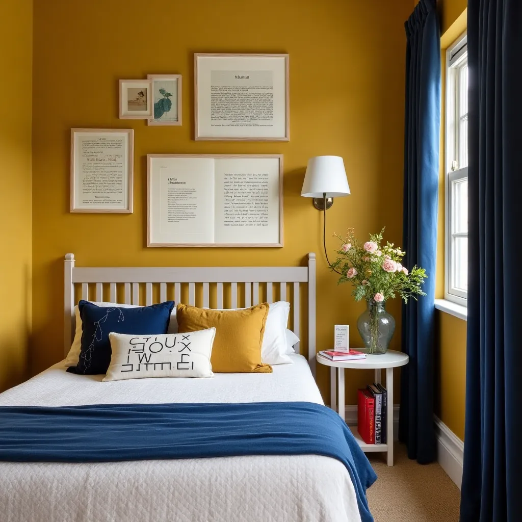 Cozy bedroom featuring mustard yellow walls and navy blue accents, including curtains and a bed throw, with framed artwork and a vase of flowers adding elegance, perfect for mustard yellow and navy blue room ideas.