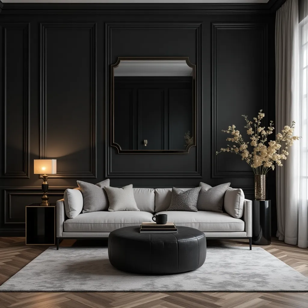 Elegant black and grey lounge featuring a plush grey sofa with matching cushions, a sleek black ottoman, and a stylish lamp on a side table, perfect for modern black and grey lounge ideas.