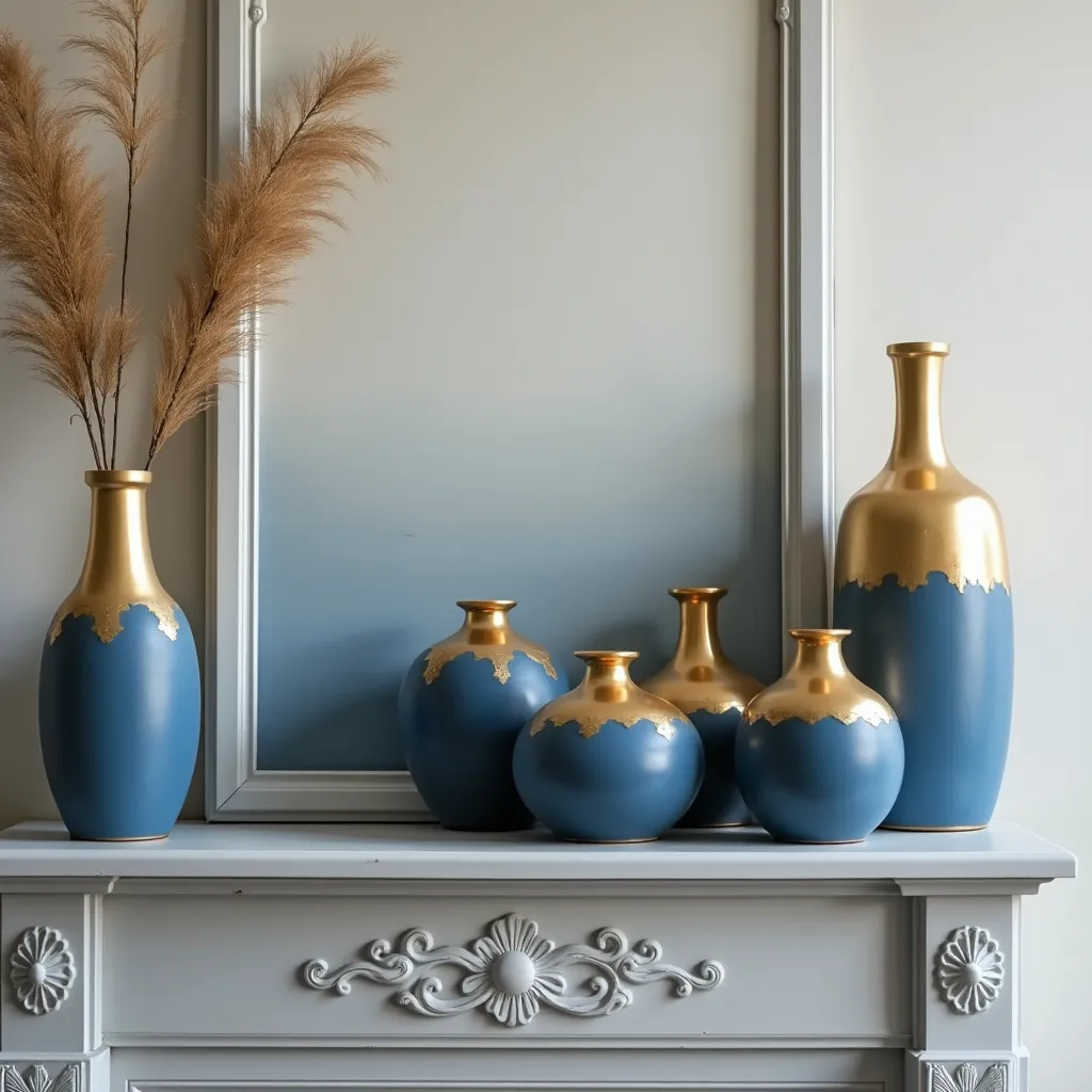 Elegant gray, gold, and blue living room ideas featuring a stylish arrangement of blue vases with gold accents on a decorative gray mantel, perfect for adding a touch of sophistication to your home decor.