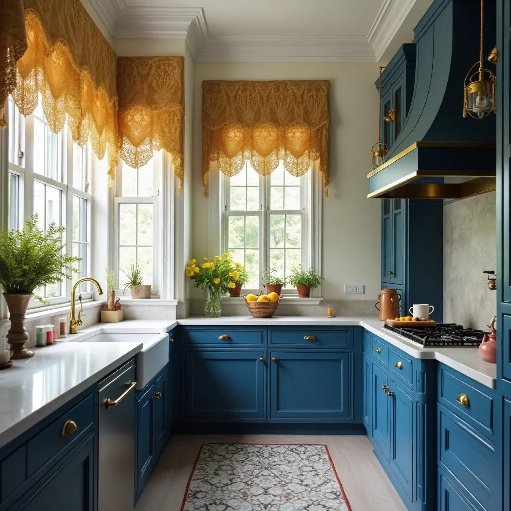 Elegant gold and blue kitchen featuring rich blue cabinetry with gold hardware, complemented by gold-accented decor and natural light streaming through large windows, creating a warm and inviting atmosphere.