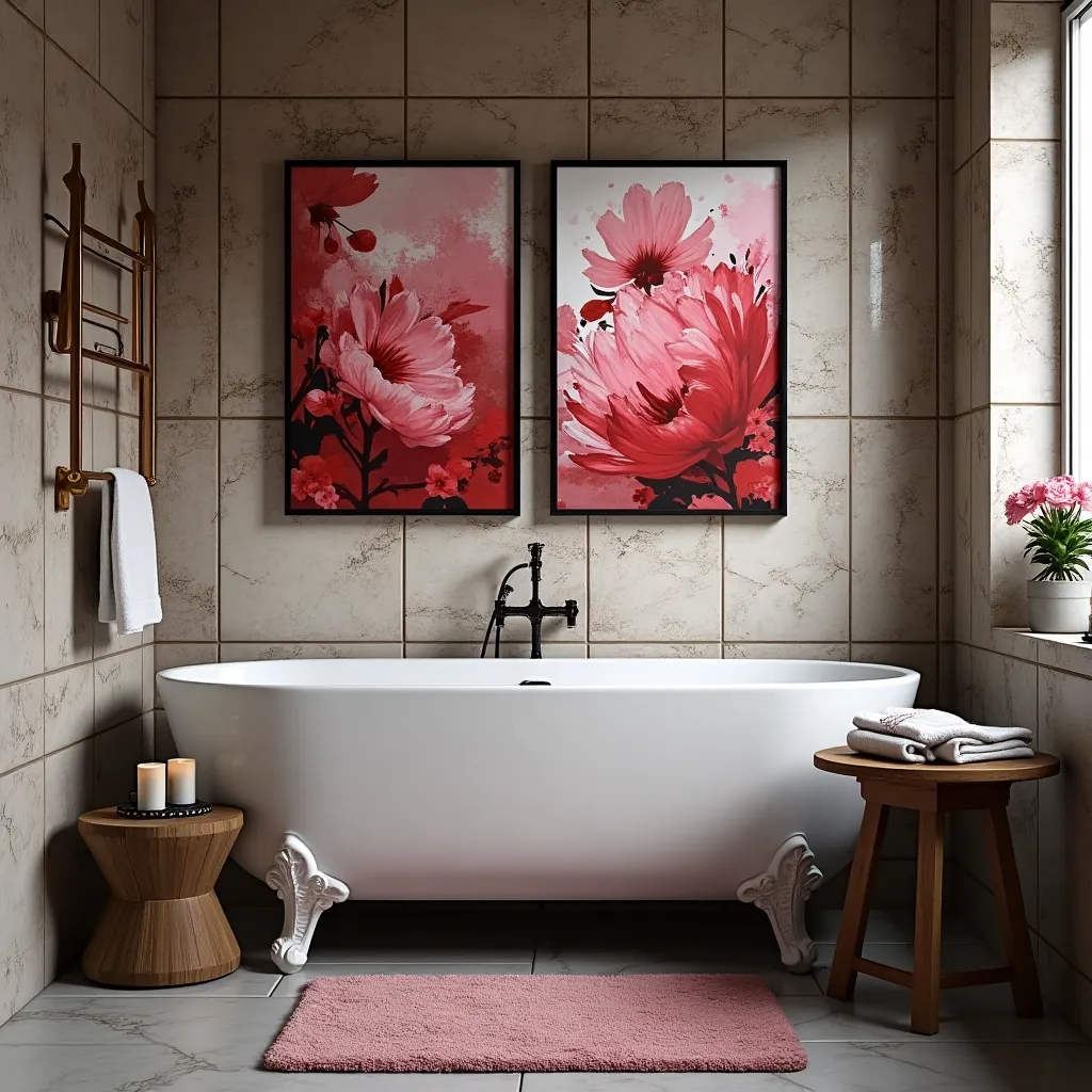Elegant bathroom featuring cherry bathroom decor ideas with vibrant cherry blossom artwork above a classic white freestanding tub. The space is complemented by a soft pink rug, wooden side tables, and a touch of greenery, creating a serene and stylish atmosphere.