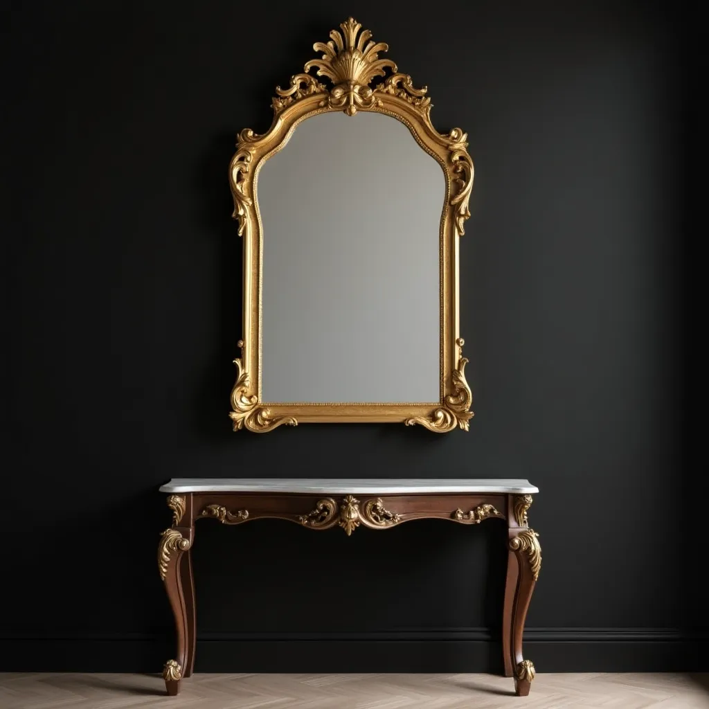 Elegant black and gold living room set ideas featuring a luxurious gold-framed mirror and an ornate console table against a sleek black wall, perfect for adding sophistication to any space.