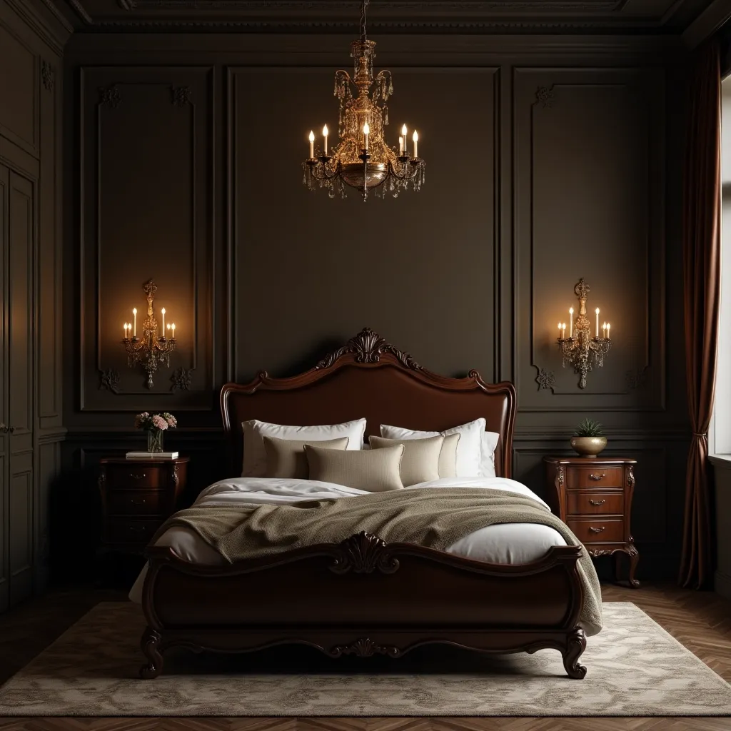 Luxurious bedroom with dark brown walls featuring elegant wood paneling, a classic chandelier, and ornate sconces, showcasing sophisticated dark brown bedroom walls ideas for a cozy and stylish retreat.