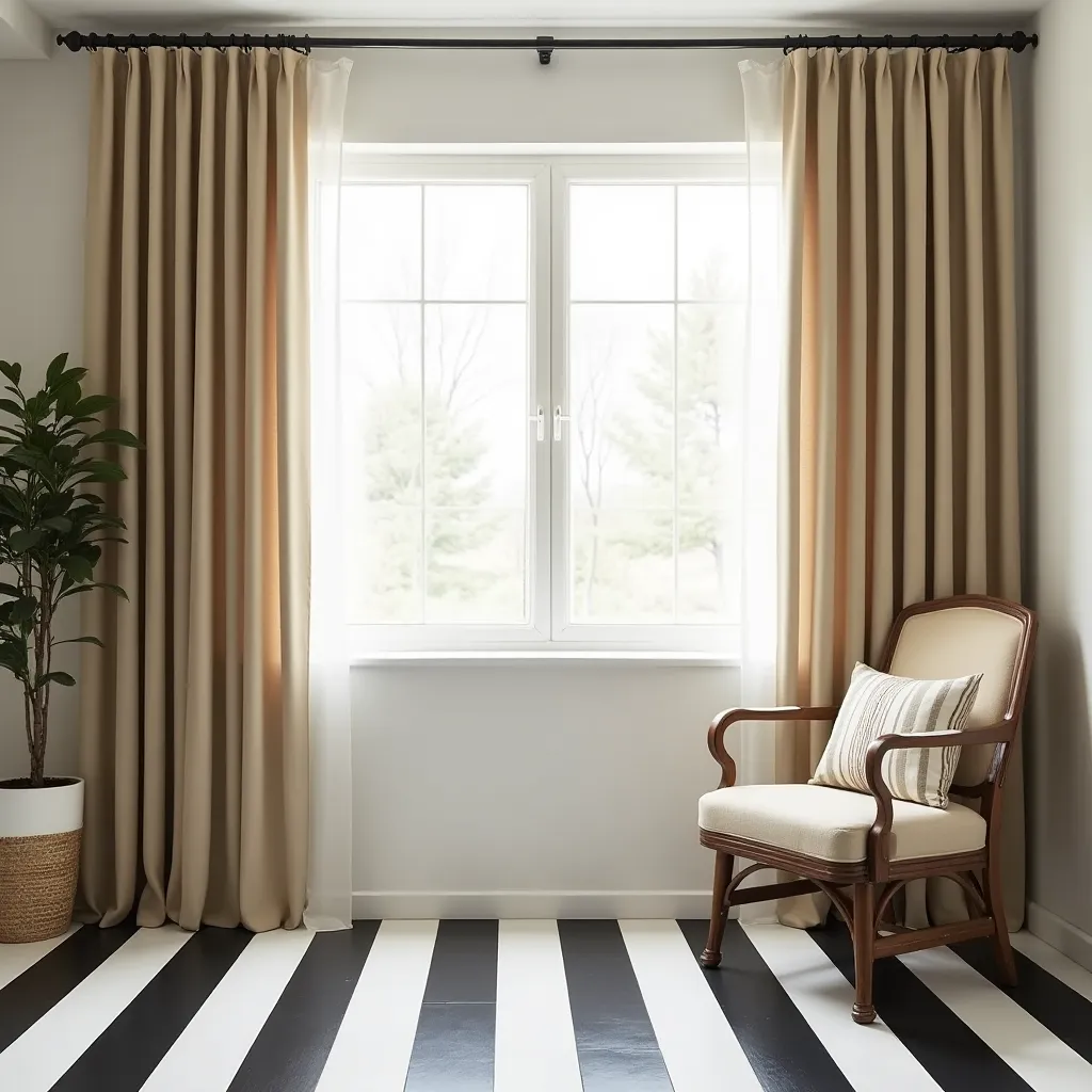 Elegant bedroom design featuring black and white striped flooring, beige curtains, and a classic wooden chair with a beige cushion, perfect for black white beige bedroom ideas.