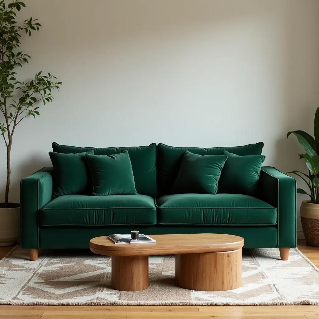 Forest green dark green living room ideas featuring a plush green sofa, complemented by a wooden coffee table and potted plants, creating a cozy and stylish atmosphere.