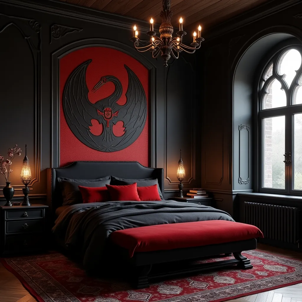 Luxurious bedroom design featuring black and red walls, with elegant decor elements including a striking wall art piece above the bed, plush red and black bedding, and ambient lighting, perfect for those seeking black and red bedroom walls ideas.