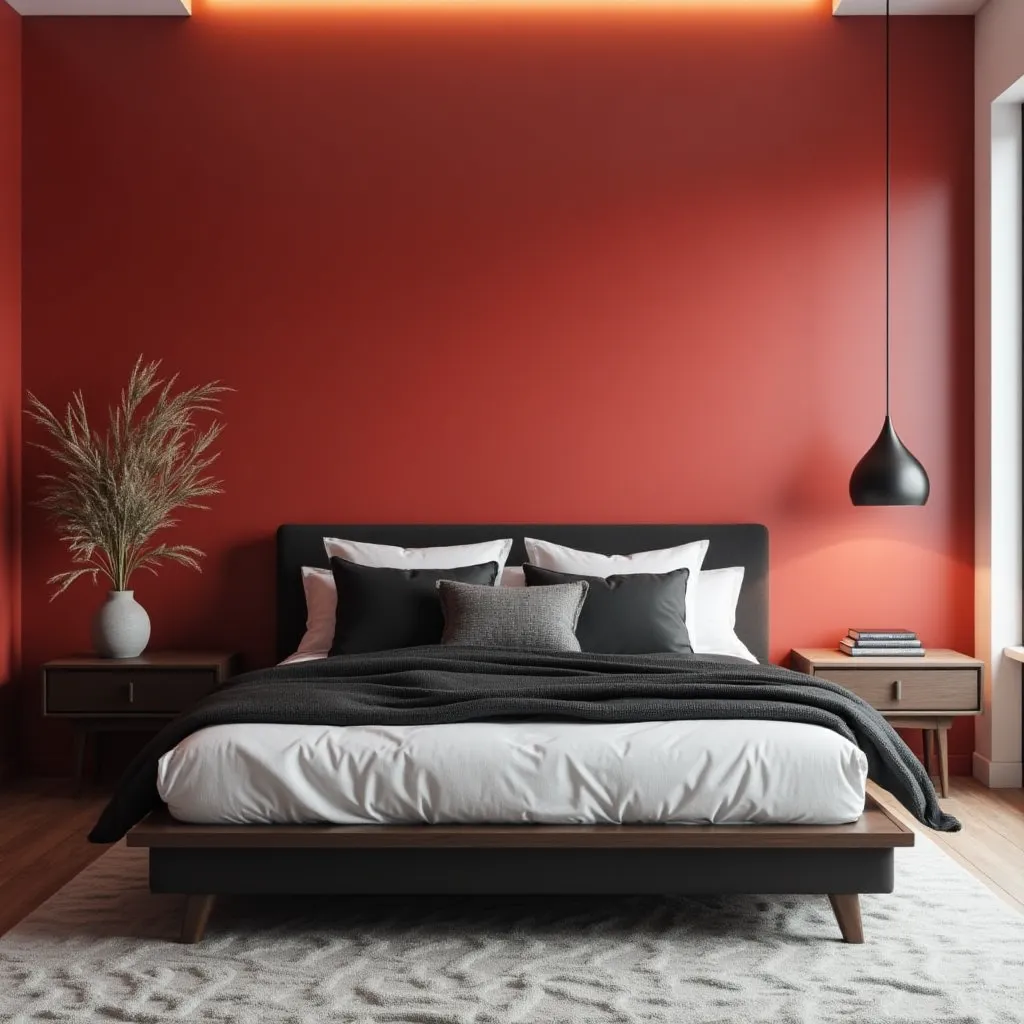 Modern bedroom design featuring a striking black, red, and white color scheme, showcasing a sleek black bed frame with white bedding and black accents, complemented by a bold red accent wall and minimalist decor, perfect for black red and white bedroom ideas.