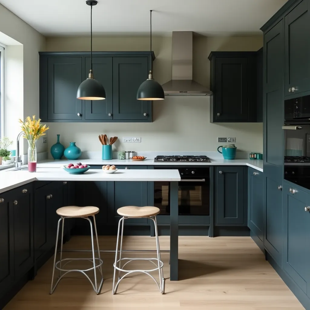 Modern kitchen design featuring charcoal grey cabinets, complemented by sleek white countertops and stylish pendant lighting, showcasing innovative charcoal grey kitchen ideas for a contemporary home.