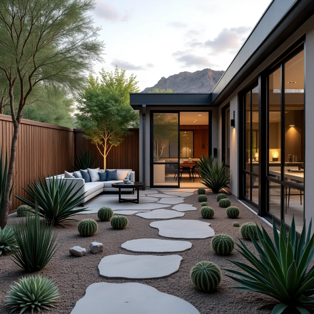Modern desert garden design featuring a stylish patio with a white sectional sofa, surrounded by drought-tolerant plants like agave and barrel cacti, offering inspiring desert garden ideas for sustainable landscaping.