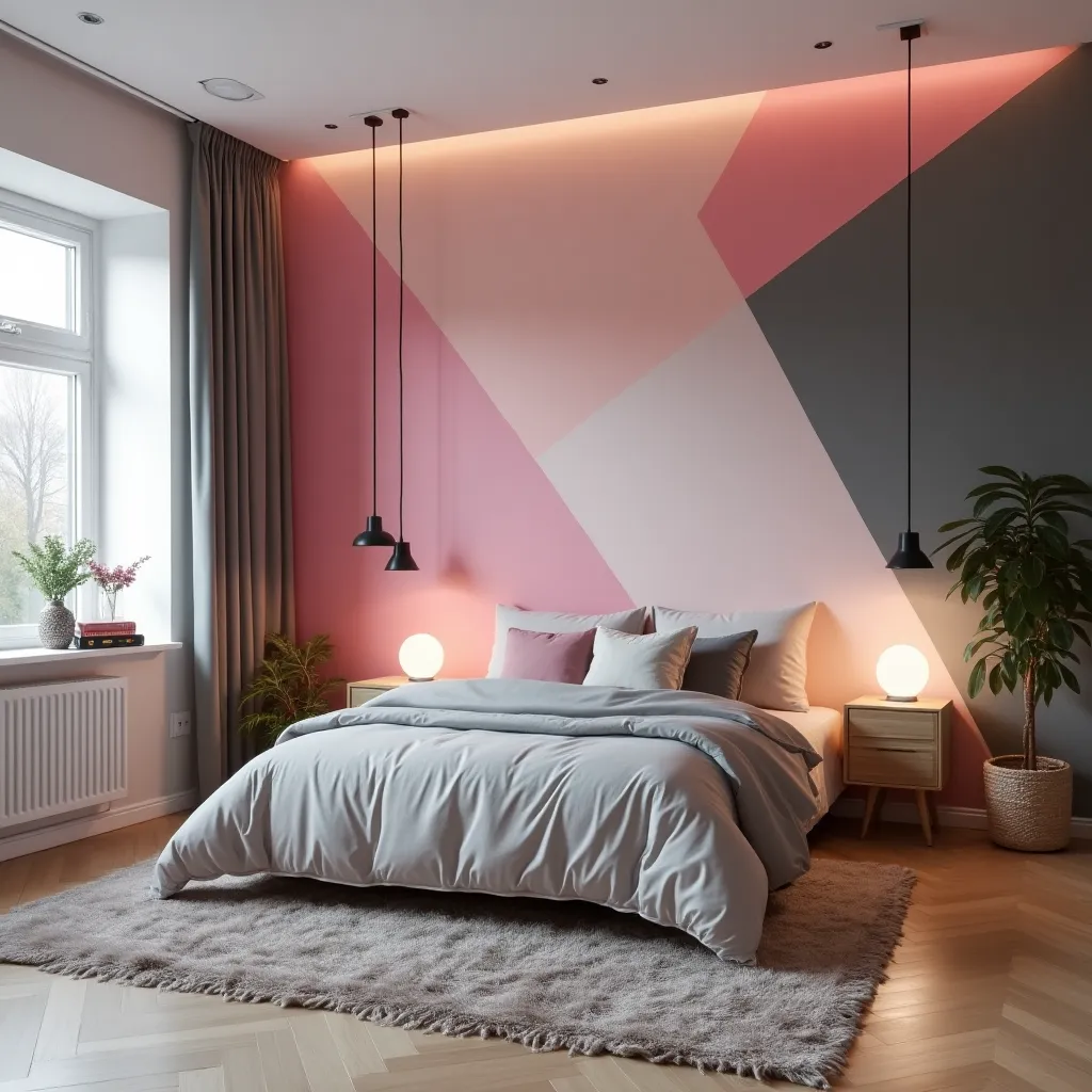 Modern bedroom featuring a stylish pink and grey color scheme, with geometric wall patterns, cozy grey bedding, and elegant pendant lighting, perfect for pink and grey bedroom ideas.