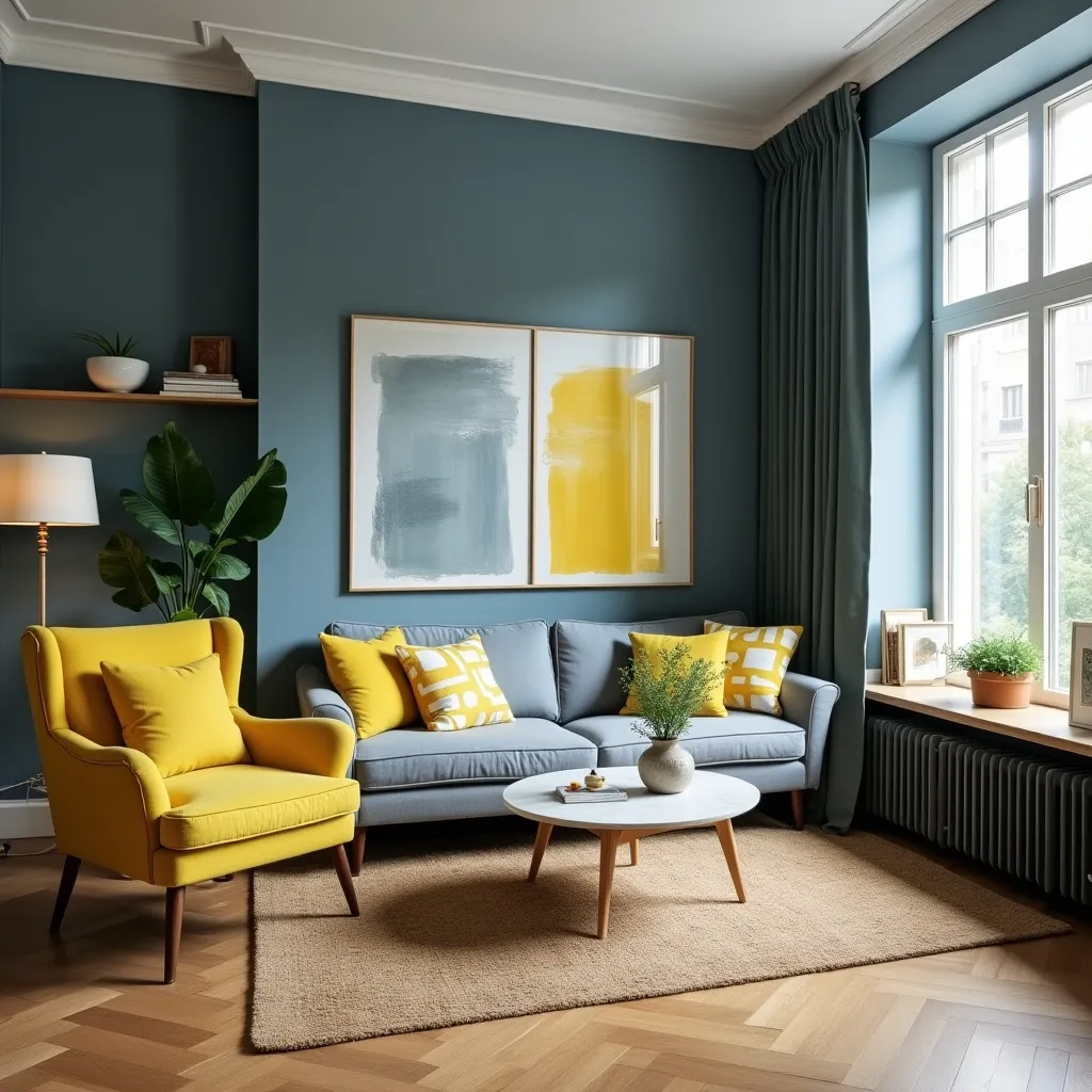 A stylish living room featuring a blue-gray wall and a cozy sofa adorned with yellow and gray cushions, complemented by a vibrant yellow armchair. The room is enhanced with natural light from large windows, a wooden floor, and modern decor elements, offering inspiring blue gray and yellow living room ideas.