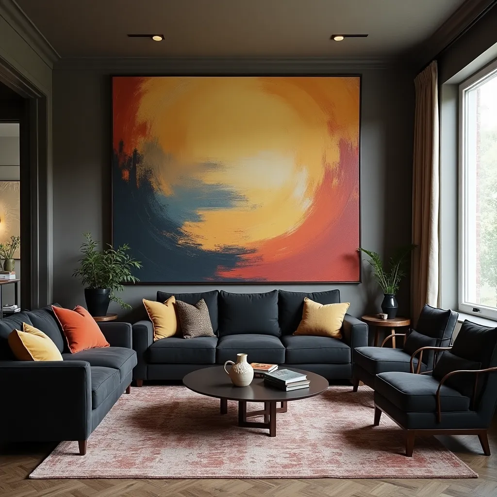 Modern living room featuring black and brown furniture ideas, with a stylish black sofa set complemented by brown wooden accents and a vibrant abstract painting, perfect for contemporary living room ideas.