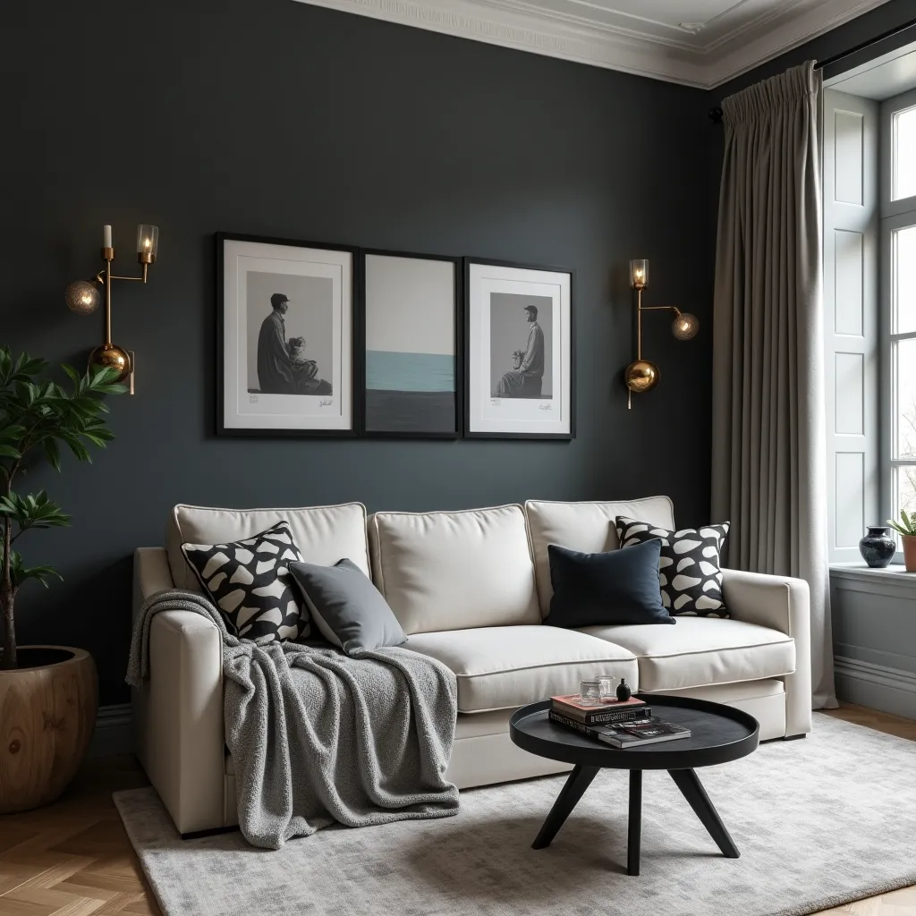 Modern sitting room featuring a stylish grey and black color scheme, with a comfortable white sofa adorned with patterned cushions and a cozy grey throw. The dark accent wall enhances the room's elegance, complemented by framed artwork and gold wall sconces. A sleek black coffee table and neutral rug complete the sophisticated look, perfect for grey and black sitting room ideas.