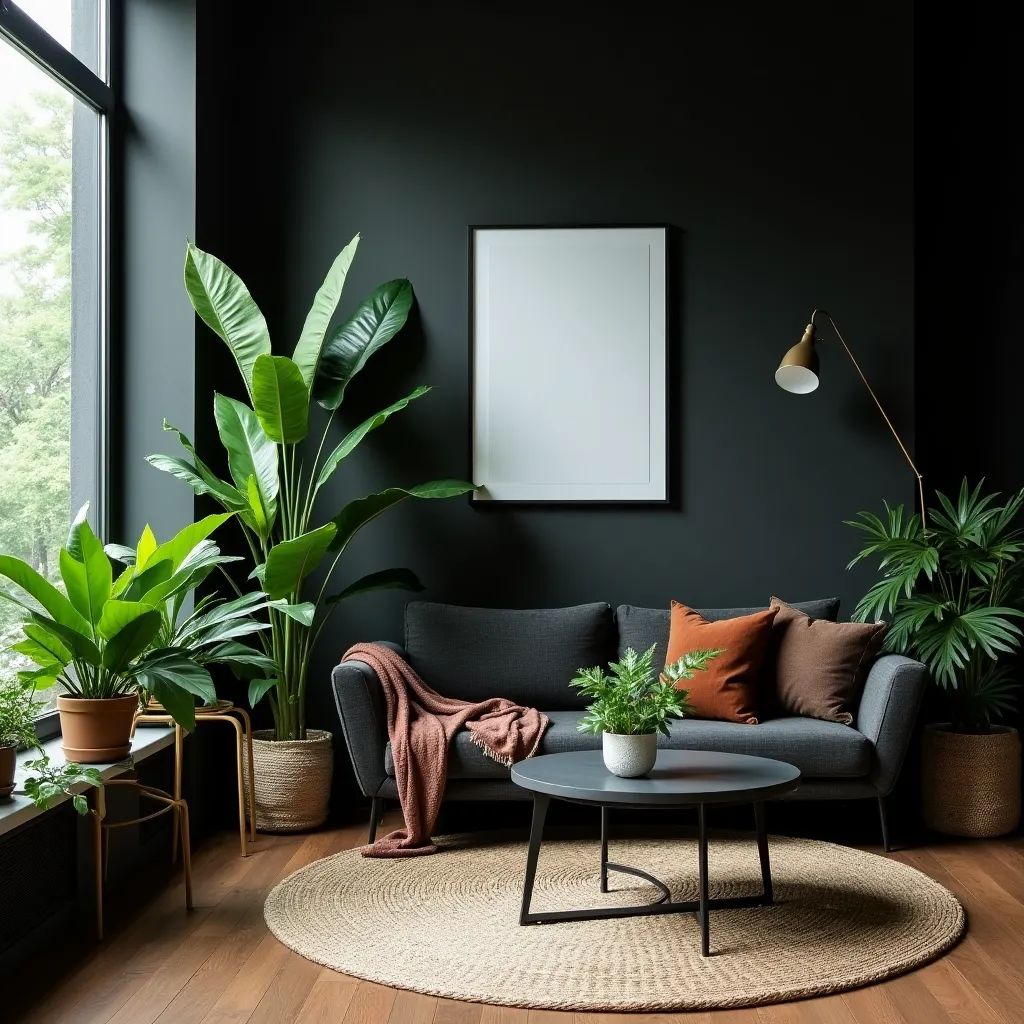 Modern living room featuring black room decor with a sleek black sofa, stylish round coffee table, and lush green plants. The dark walls create a cozy atmosphere, complemented by a woven rug and contemporary lighting, perfect for a chic and sophisticated home design.