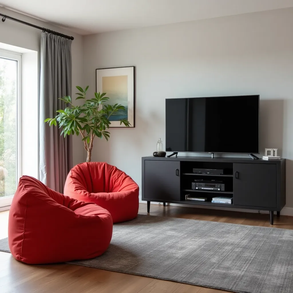 Modern living room featuring a stylish combination of red, black, and gray elements, including vibrant red bean bag chairs, a sleek black TV stand, and a soft gray area rug, perfect for red black gray living room ideas.