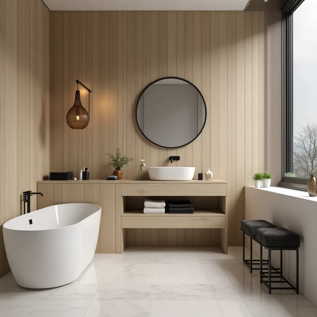 Modern bathroom featuring beige and black decor ideas, showcasing a sleek freestanding bathtub, wooden panel walls, and a stylish round mirror. The minimalist design is complemented by black fixtures and elegant lighting, creating a serene and sophisticated atmosphere.