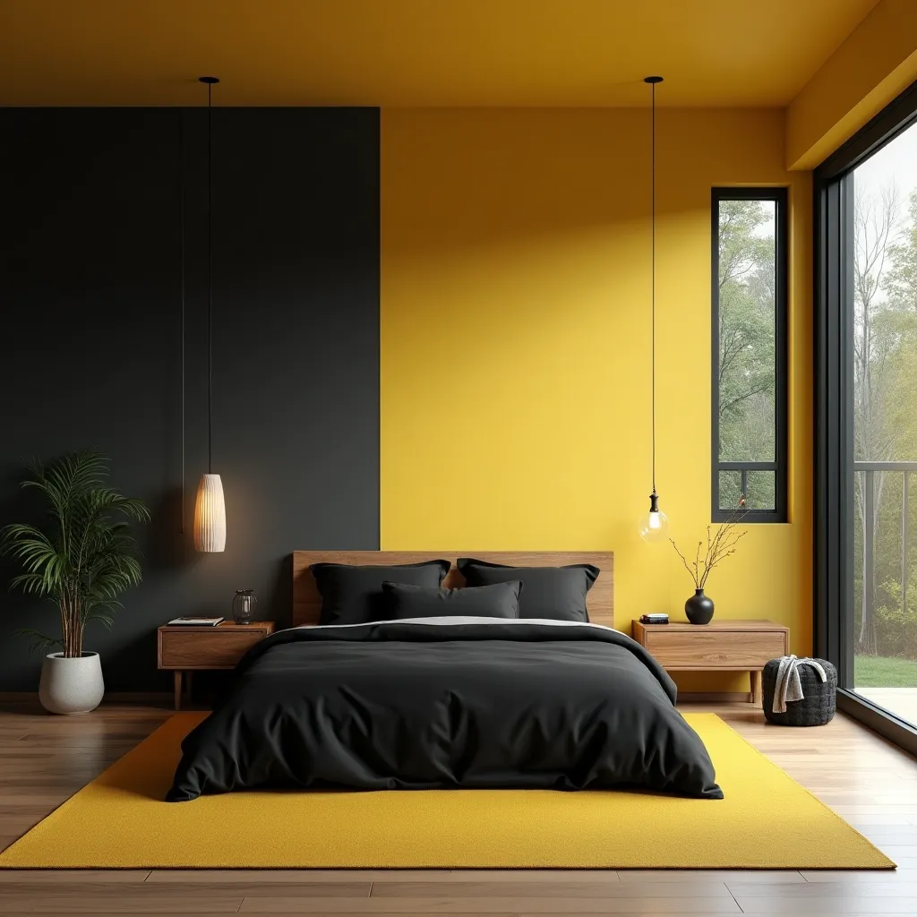Modern black and yellow bedroom decor ideas featuring a stylish combination of a black accent wall and yellow ceiling, complemented by a cozy black bedspread and a vibrant yellow rug, creating a bold and contemporary look.