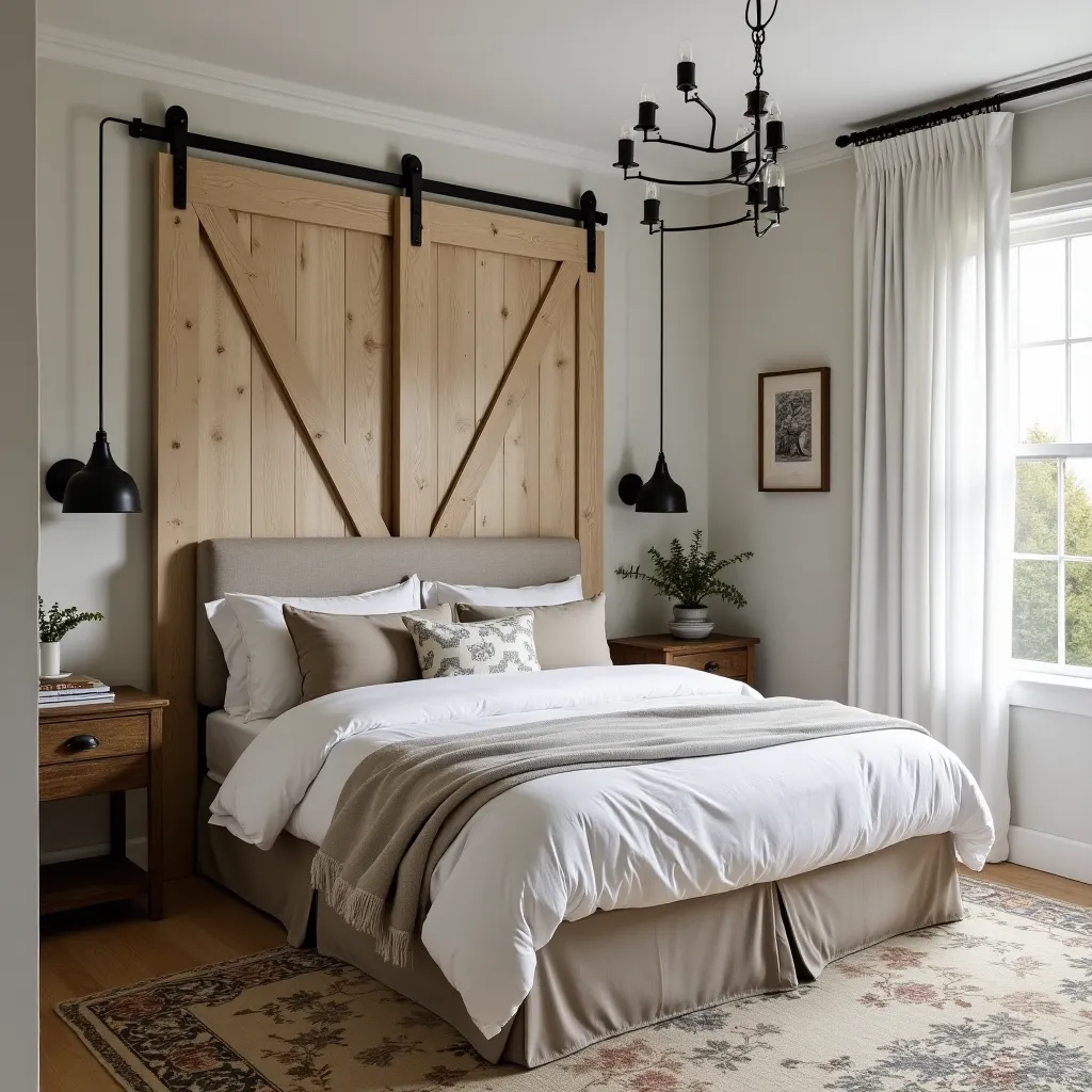 Cozy bedroom featuring a blend of brown and black decor ideas, with a rustic wooden headboard, elegant black pendant lights, and a neutral color palette, perfect for inspiring brown black bedroom ideas.