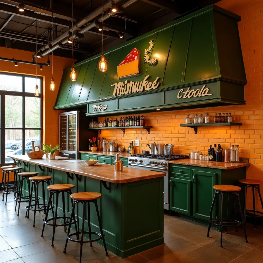 Modern green and orange kitchen design featuring vibrant green cabinetry, orange brick walls, and industrial lighting, creating a warm and inviting atmosphere.