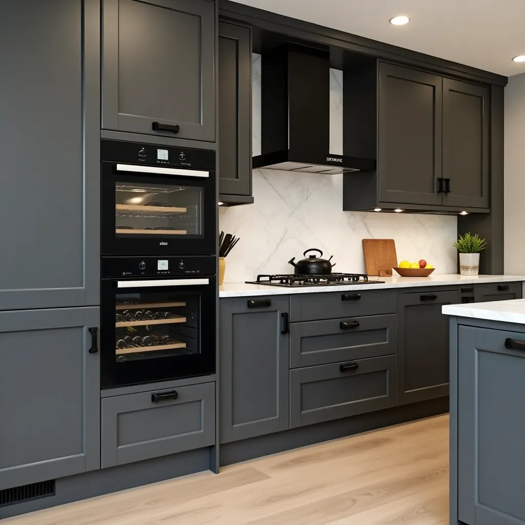 Modern kitchen featuring sleek grey and black decor ideas, with matte cabinetry, integrated appliances, and a minimalist design, perfect for contemporary home interiors.