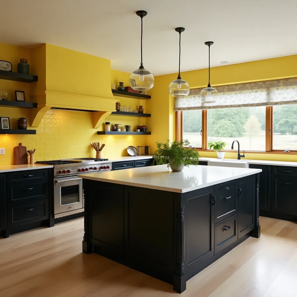 Modern kitchen design featuring a vibrant yellow backsplash and walls paired with sleek black cabinetry, showcasing innovative yellow & black kitchen ideas for a stylish and contemporary home.