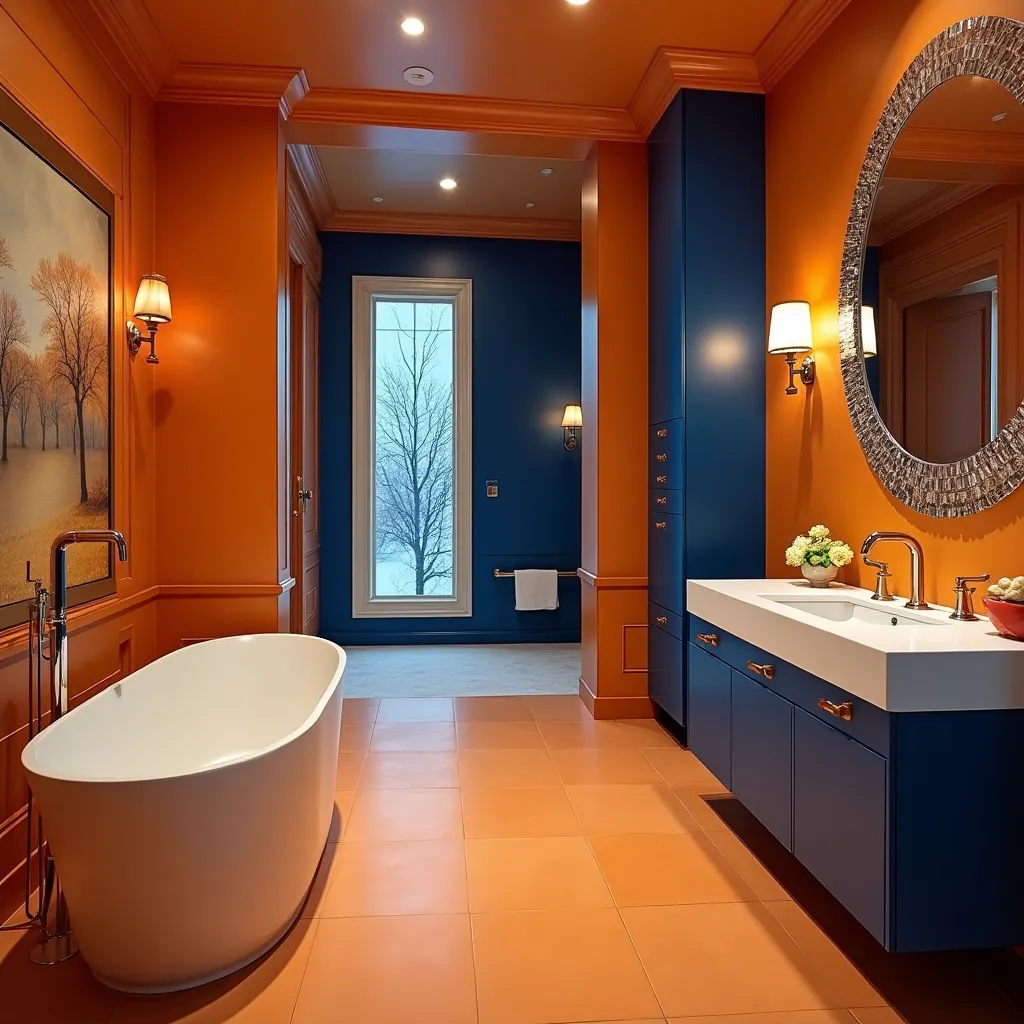 Modern bathroom design featuring a striking combination of orange and blue elements, showcasing innovative orange and blue bathroom ideas with a freestanding bathtub, elegant lighting, and a stylish vanity area.