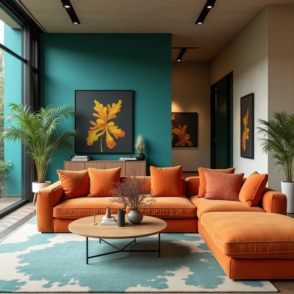 Modern living room featuring a vibrant orange sectional sofa against a striking turquoise accent wall, complemented by lush green plants and abstract artwork, showcasing stylish turquoise and orange living room ideas.