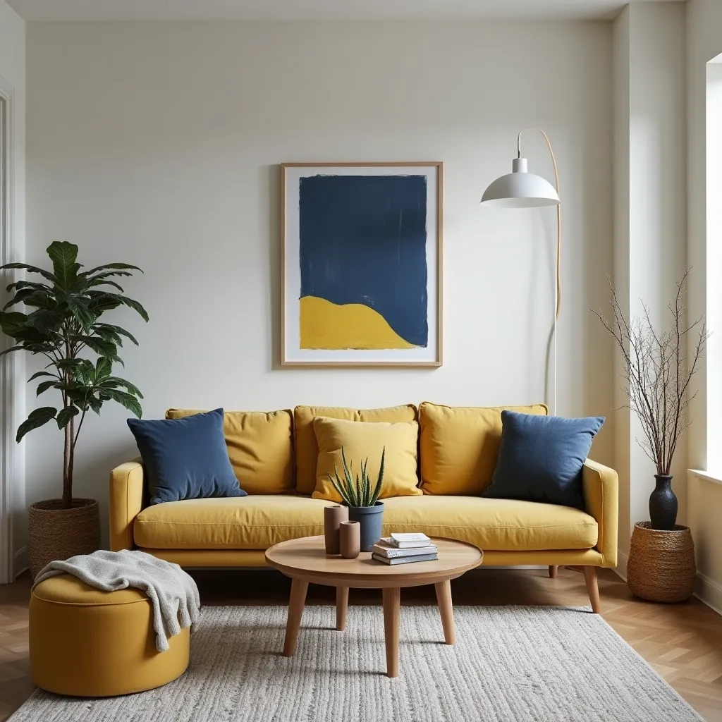Stylish blue and mustard living room ideas featuring a mustard yellow sofa with blue accent pillows, complemented by a modern wooden coffee table and abstract wall art. The room is enhanced with natural elements like a potted plant and a cozy ottoman, creating a warm and inviting atmosphere.