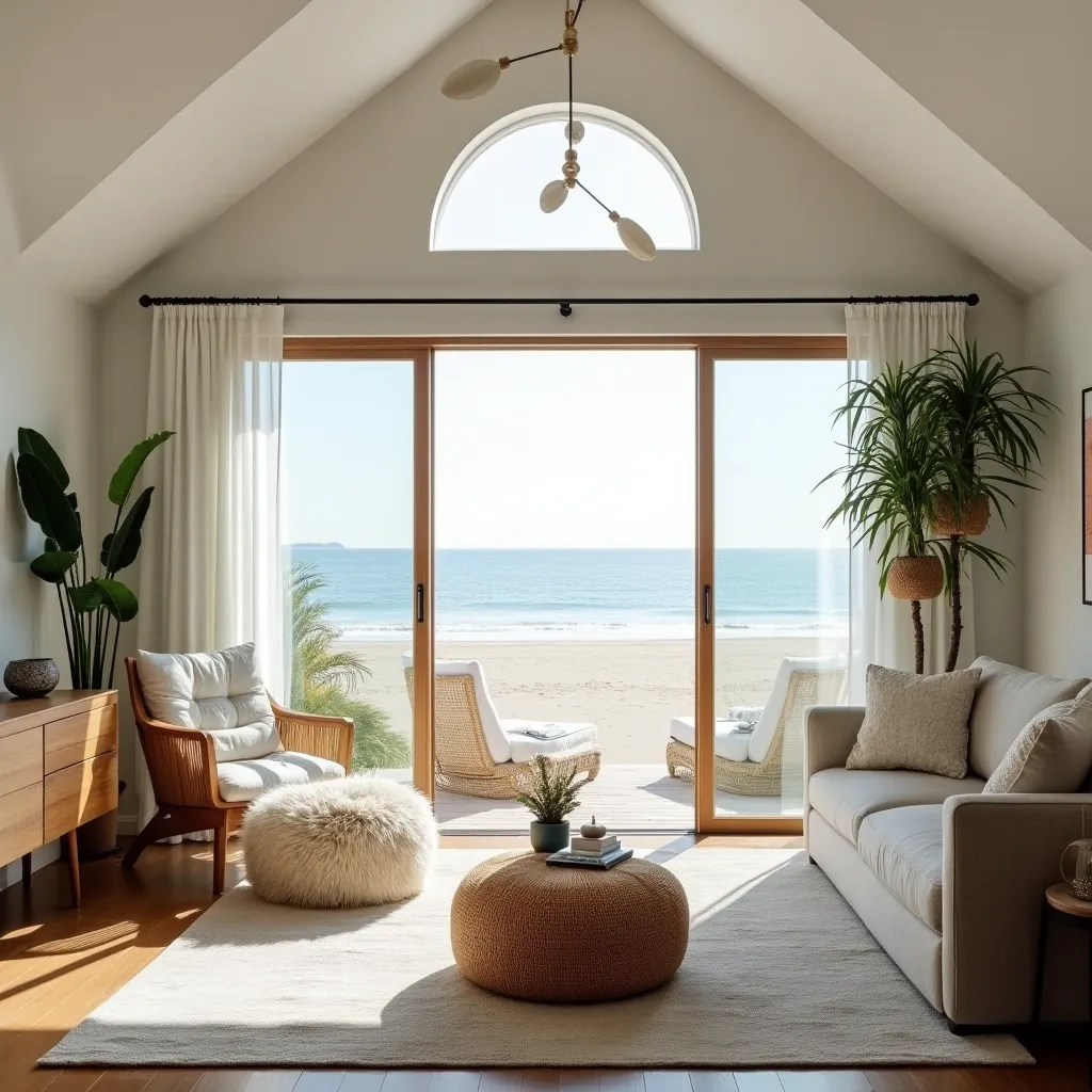 Bright and airy living room featuring coastal boho decor ideas, with a stunning ocean view through large sliding glass doors, natural wood furniture, plush seating, and lush green plants creating a serene beachside ambiance.