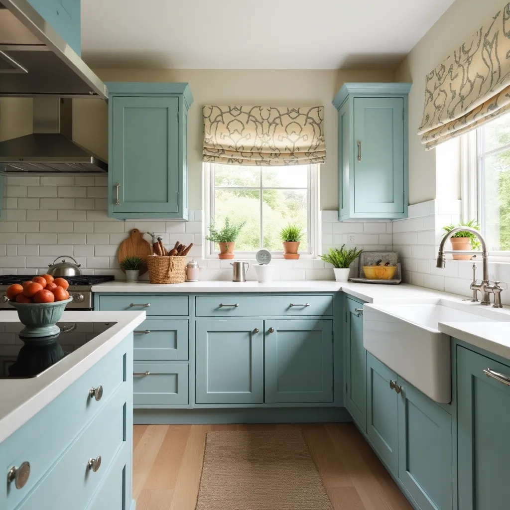 A modern kitchen featuring duck egg blue cabinets, complemented by white countertops and subway tile backsplash, offering stylish and fresh duck egg blue kitchen cabinets ideas for a contemporary home design.