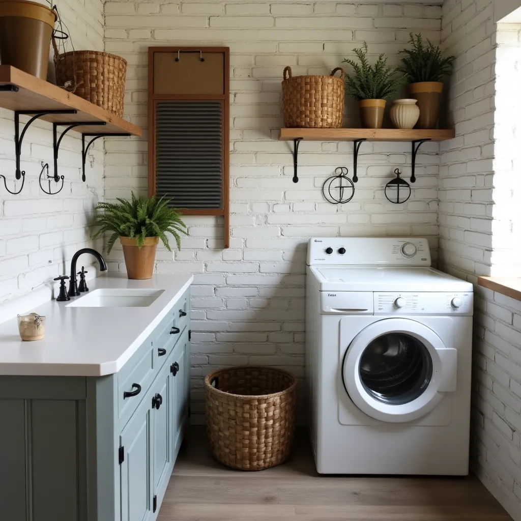 Industrial laundry room ideas featuring a stylish space with white brick walls, a modern washing machine, and wooden shelves adorned with wicker baskets and potted plants, creating a functional and aesthetically pleasing environment.