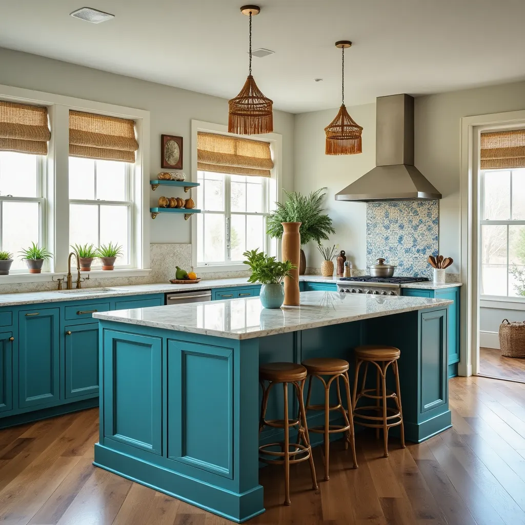 Modern gold and blue kitchen featuring vibrant blue cabinetry, gold accents, and a stylish marble island, complemented by natural wood flooring and woven pendant lights for a warm, inviting atmosphere.