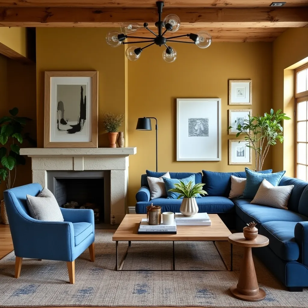 Stylish living room featuring a harmonious blend of blue and mustard decor, with a cozy blue sofa set against mustard walls, complemented by modern artwork and lush greenery, perfect for blue and mustard living room ideas.
