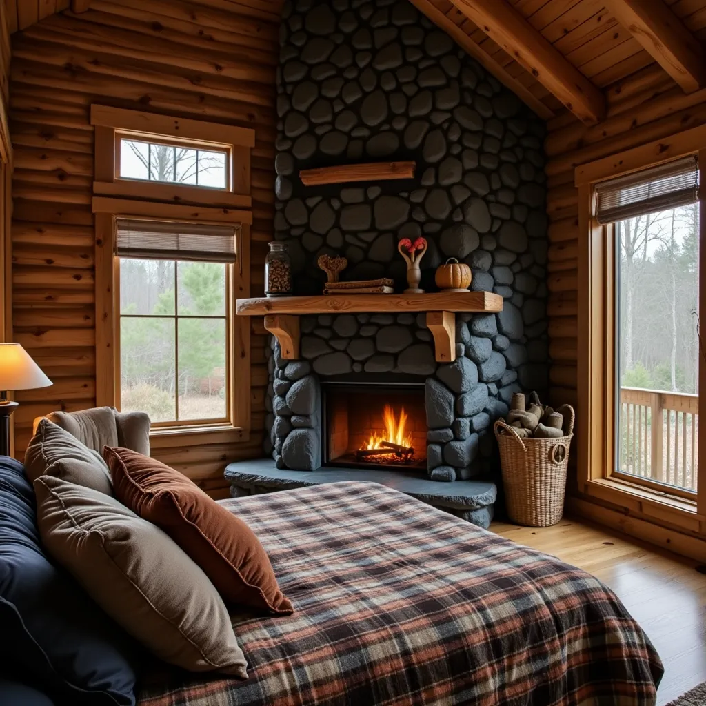 Cozy rustic bedroom featuring a brown and black color scheme with a stone fireplace, wooden walls, and large windows, perfect for brown black bedroom ideas.
