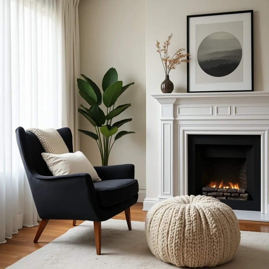 Elegant cream and black living room ideas featuring a cozy black armchair with cream cushions, a stylish knitted pouf, and a modern fireplace, complemented by a lush green plant and minimalist wall art for a sophisticated ambiance.