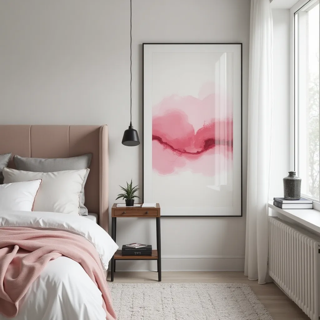 Modern bedroom featuring a stylish combination of pink, grey, and black elements, including a plush pink headboard, grey pillows, and a black pendant light, complemented by a pink abstract art piece and a cozy pink throw, perfect for pink grey and black bedroom ideas.