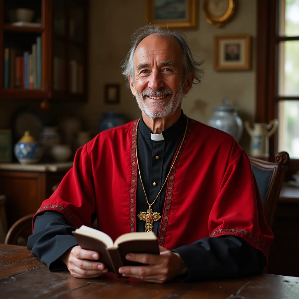 A serene room featuring a distinguished individual in a red and black robe, surrounded by elegant decor elements, showcasing red and black room design ideas with a classic and sophisticated ambiance.