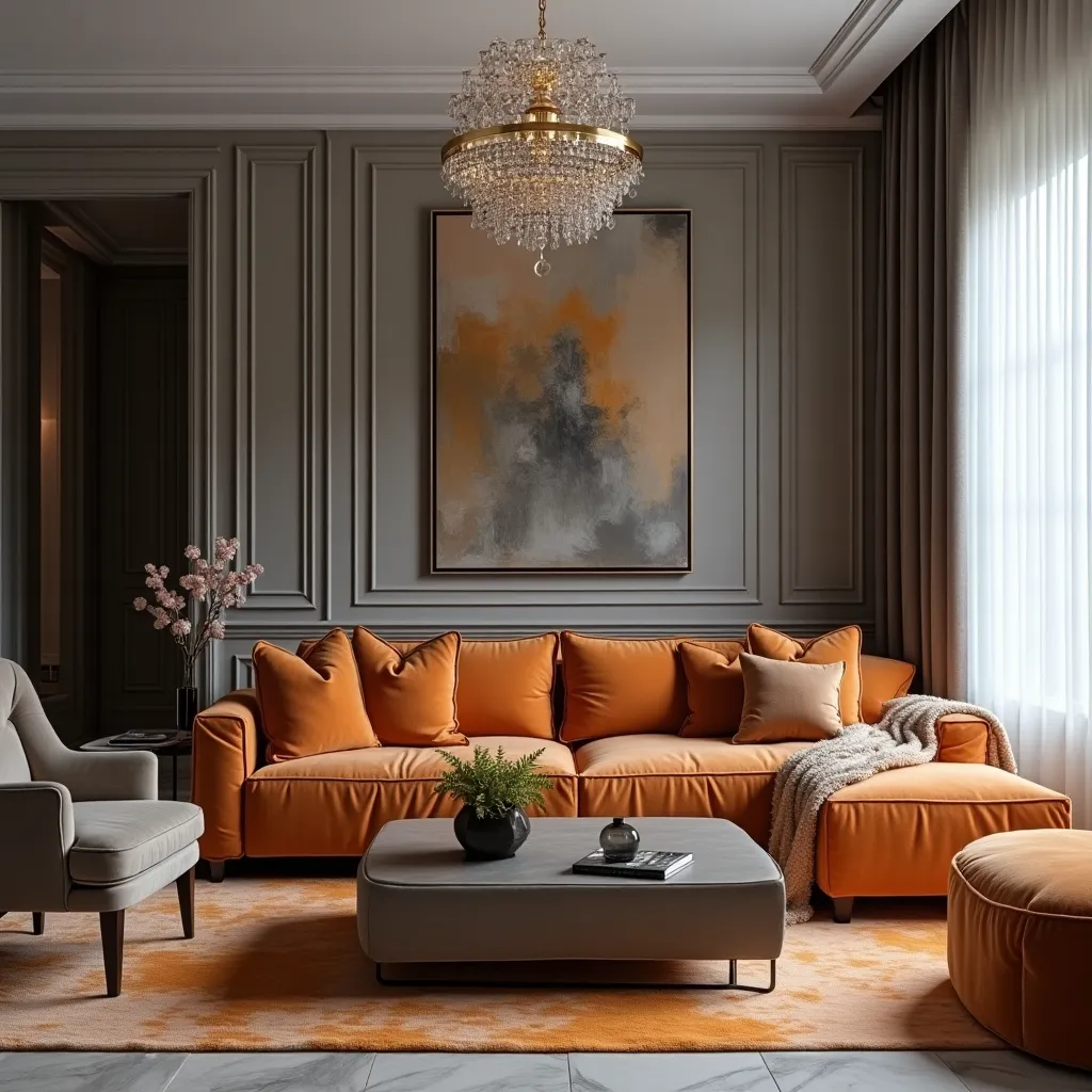 Elegant living room featuring a stylish blend of orange and grey decor, showcasing a plush orange sofa complemented by grey walls and a modern grey armchair. The room is enhanced by a chic chandelier and abstract artwork, offering inspiring orange grey living room ideas for a contemporary home design.