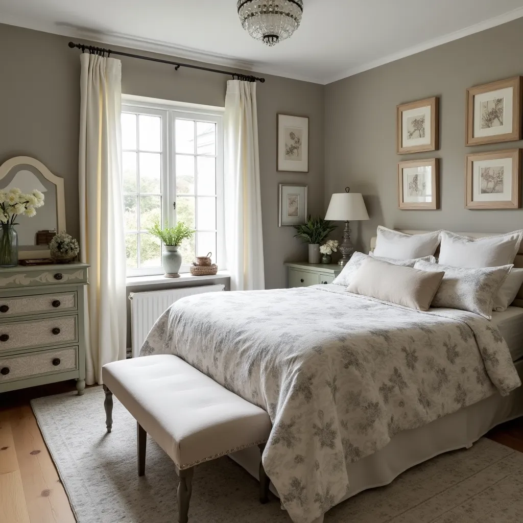 Cozy gray and beige bedroom featuring elegant decor with a soft, patterned bedspread, a plush bench, and framed artwork on the walls, perfect for inspiring gray and beige bedroom ideas.