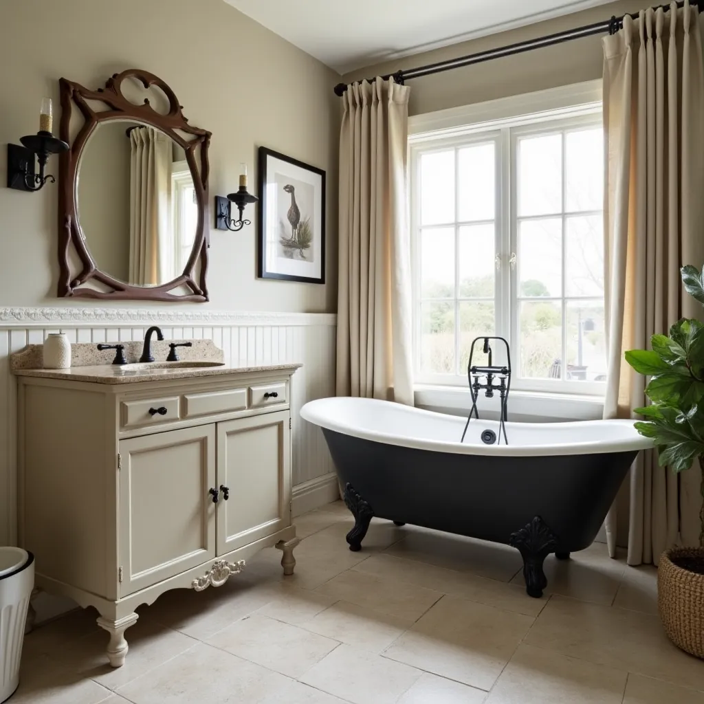 Elegant bathroom featuring beige and black decor ideas, showcasing a vintage-style black clawfoot bathtub, beige vanity with black fixtures, and soft beige curtains, creating a harmonious and stylish ambiance.