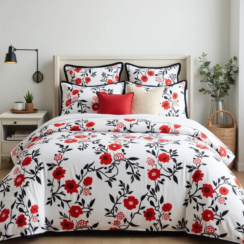 Stylish black, red, and white bedroom featuring a floral-patterned bedding set with vibrant red flowers and black accents, complemented by a modern wall lamp and minimalist decor, perfect for inspiring black red and white bedroom ideas.