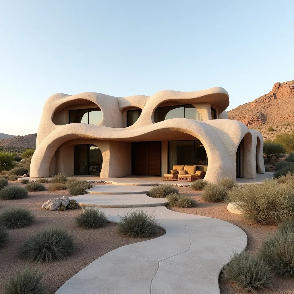 Modern desert house exterior with organic, flowing architecture set against a rugged landscape, showcasing innovative desert house exterior ideas with natural materials and minimalist design elements.