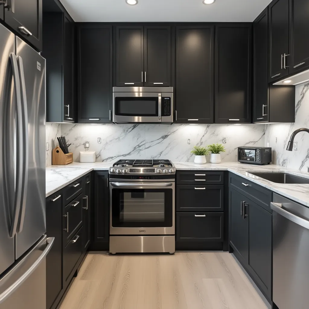 Modern kitchen featuring sleek grey and black decor ideas, with elegant black cabinetry, stainless steel appliances, and a stylish marble backsplash, creating a sophisticated and contemporary cooking space.