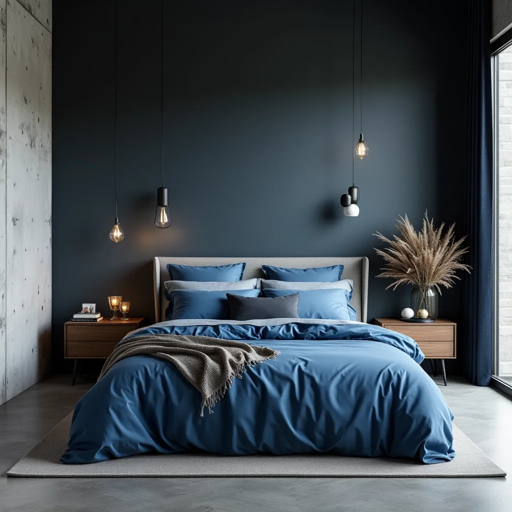 Modern blue and black bedroom ideas featuring a stylish bed with blue bedding, dark accent wall, and contemporary pendant lighting, creating a cozy and elegant atmosphere.